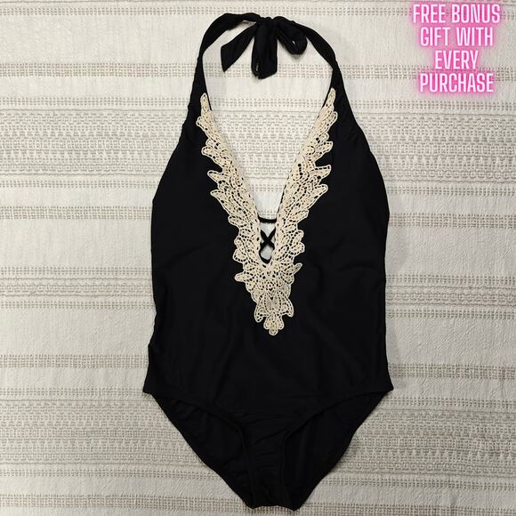 Venus Black One Piece Swimsuit Crochet Lace Detail Halter Swim Size 14 NEW - Picture 1 of 6